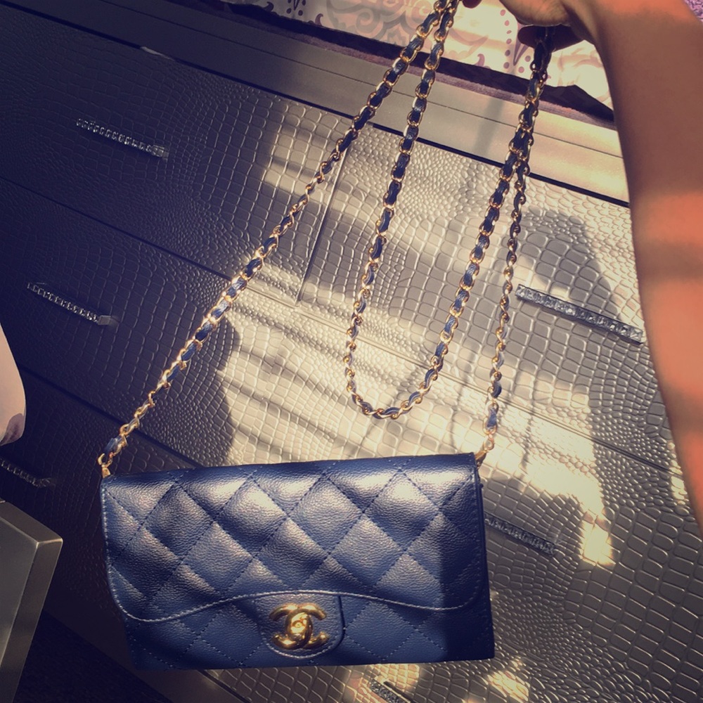 CHANEL Lambskin Quilted Chain Clutch Flap Blue